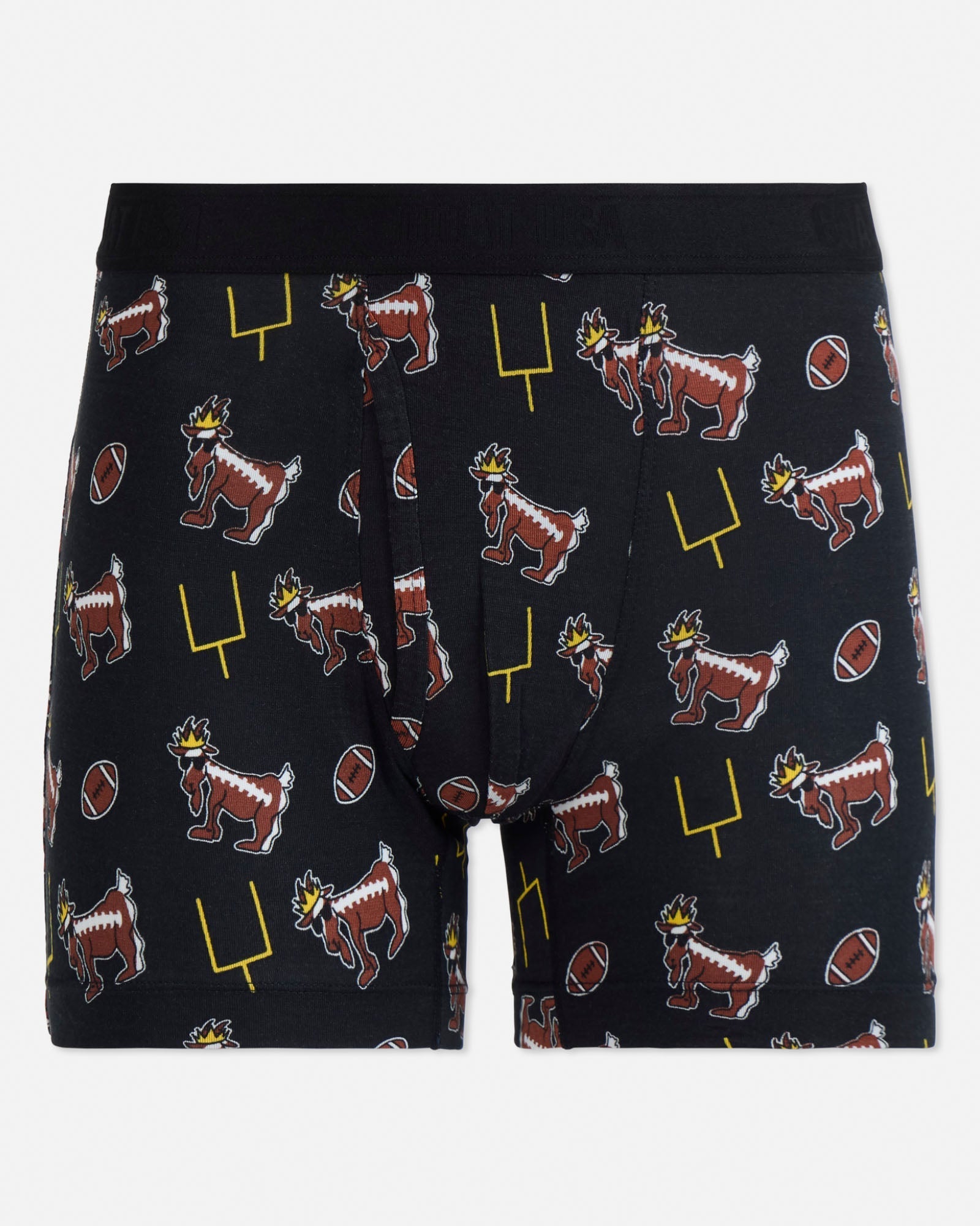 Black boxer briefs with football goat pattern on a light gray background