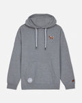 Front of gray hoodie with football goat left-chest logo