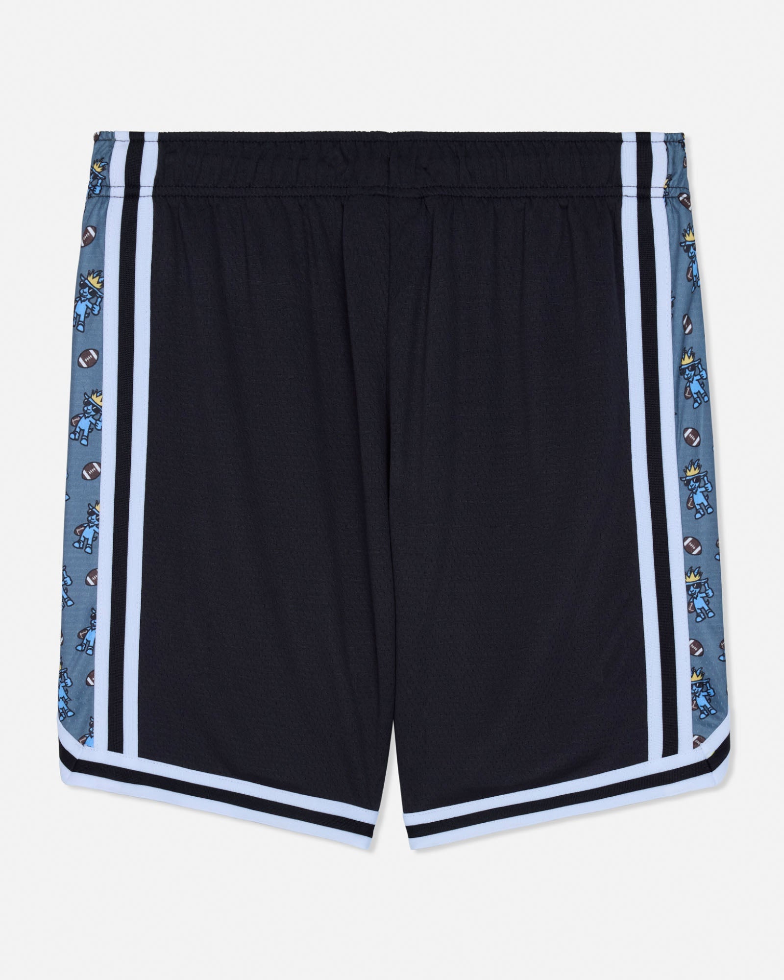 Black shorts with patterned side panels on a white background