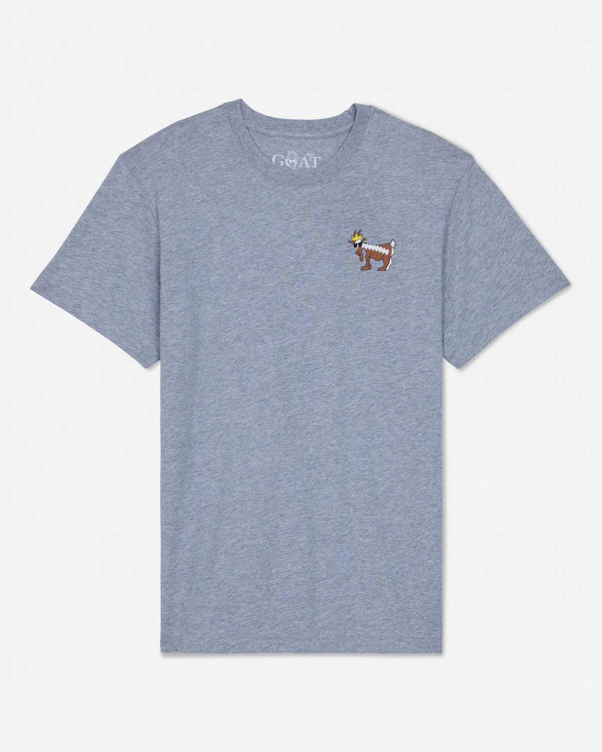 Gray t-shirt with a small logo on a white background