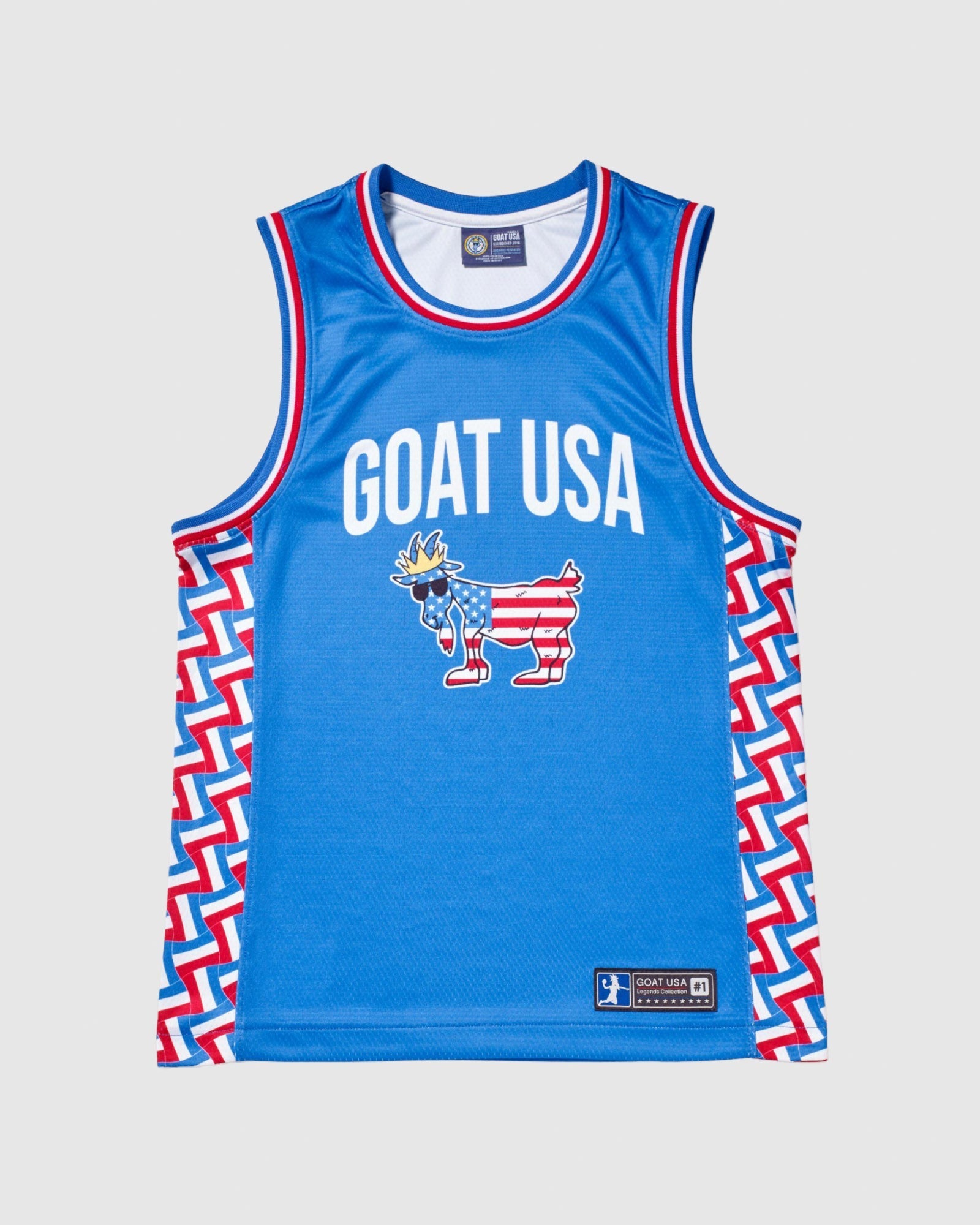Blue basketball jersey with Freedom GOAT USA logo and patterned sides