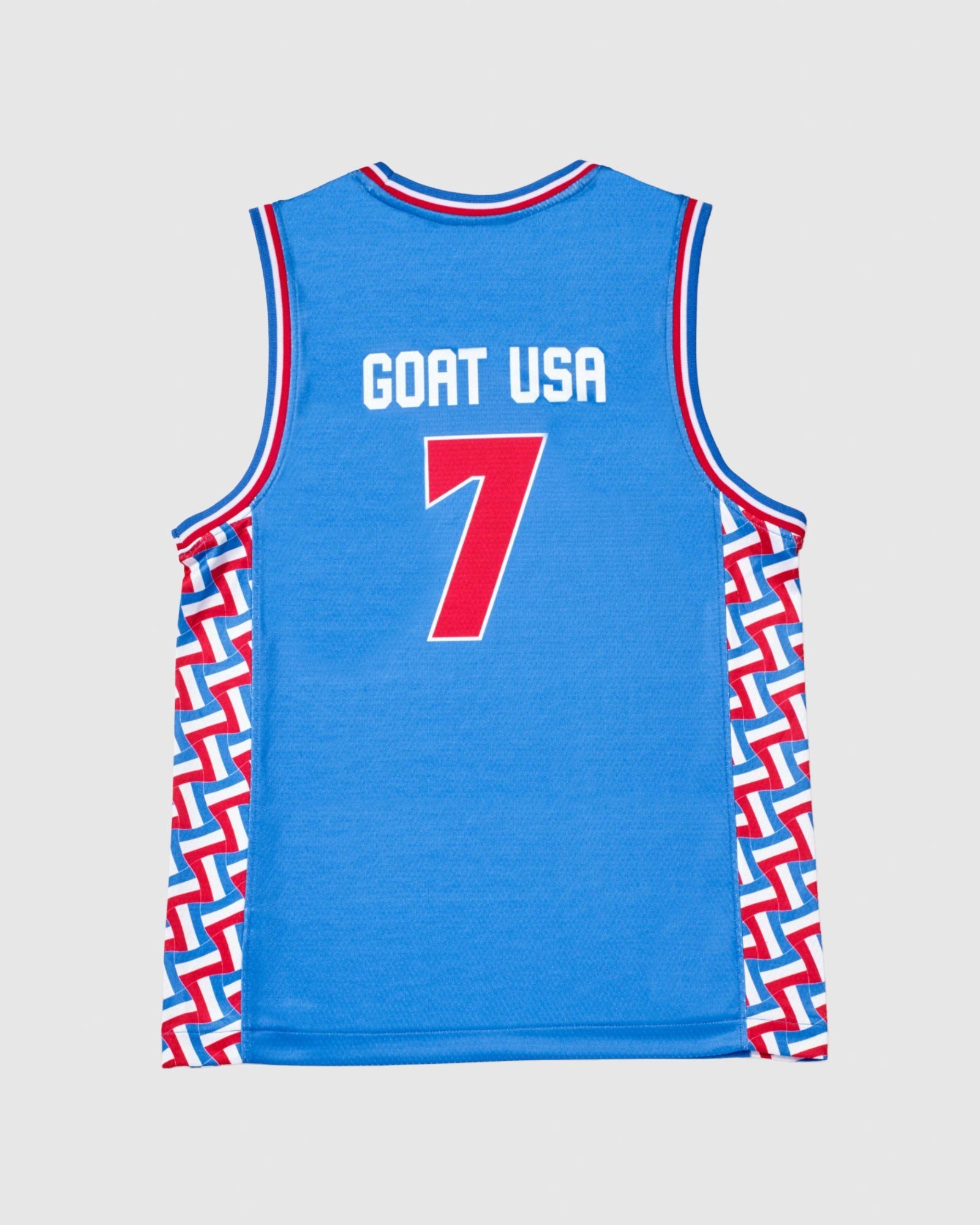 Back of blue basketball jersey with patterned sides