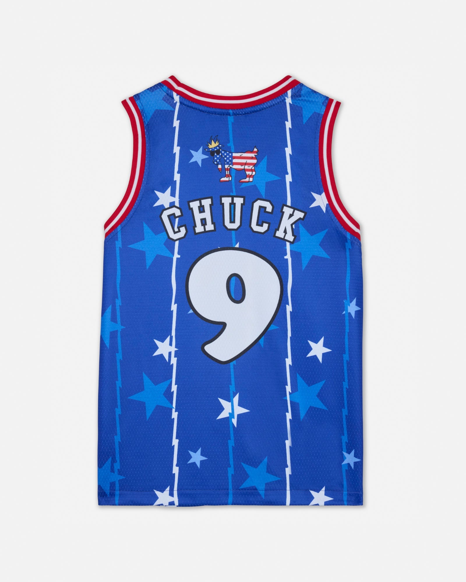 Blue basketball jersey with 'CHUCK' and number '9' on a white background