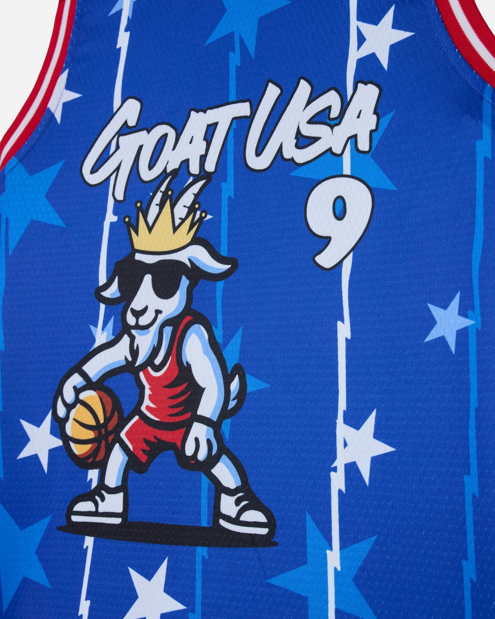 Basketball jersey with a goat mascot holding a basketball on a blue background with stars and the text 'GOAT USA 9'.