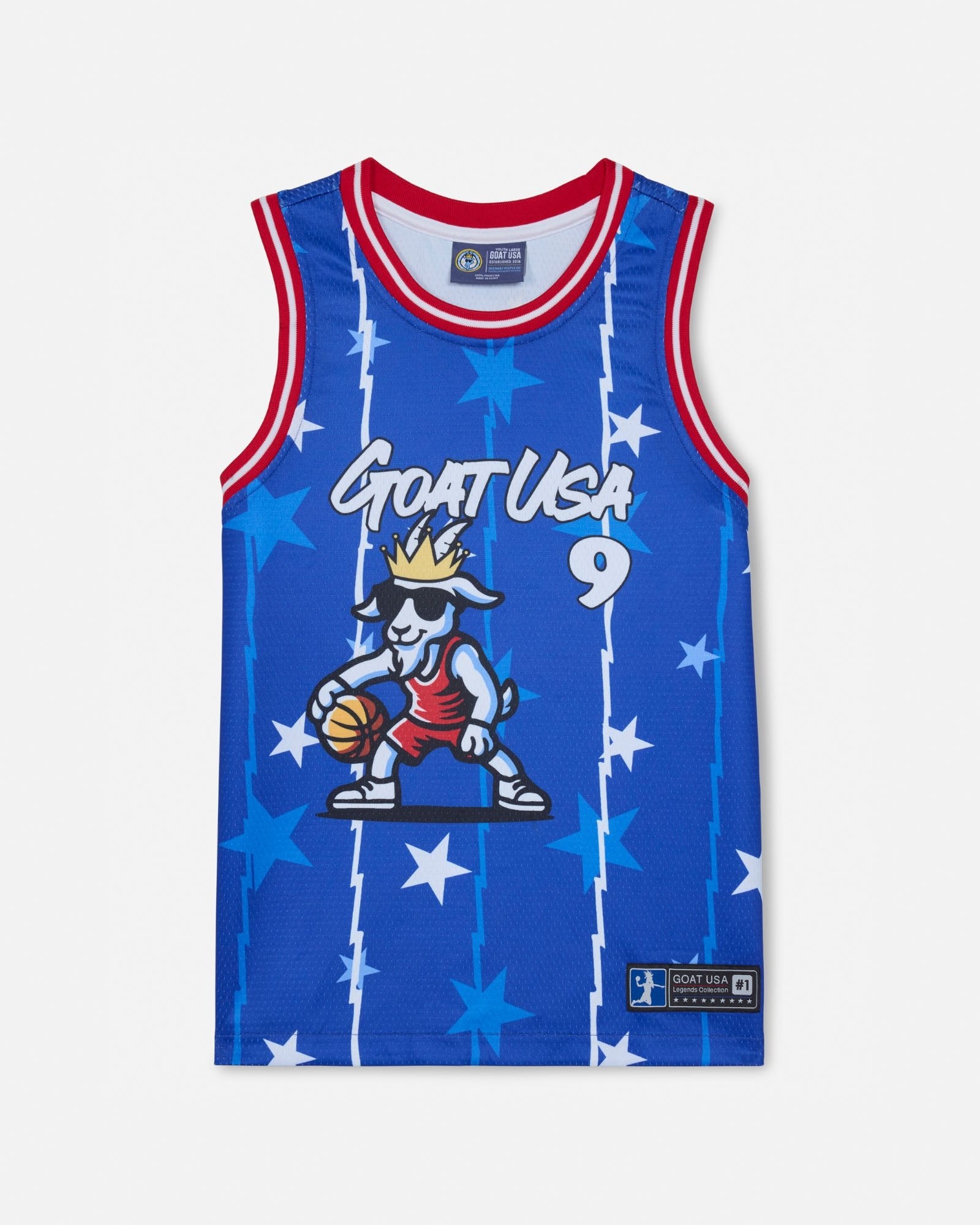 Blue jersey with a cartoon goat holding a basketball and 'GOAT USA' text on a white background