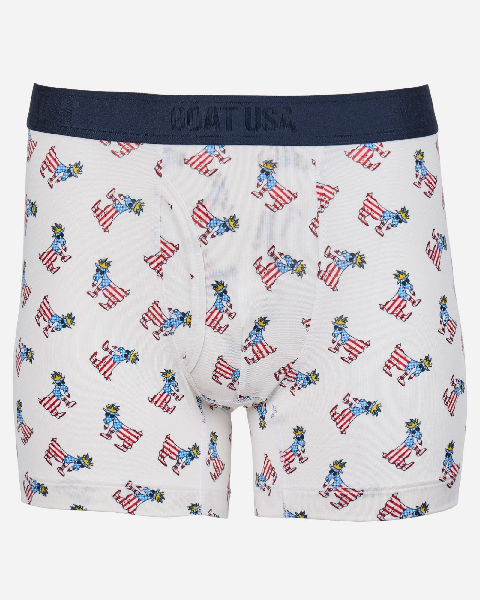 Front of white boxer briefs with freedom goat all-over print