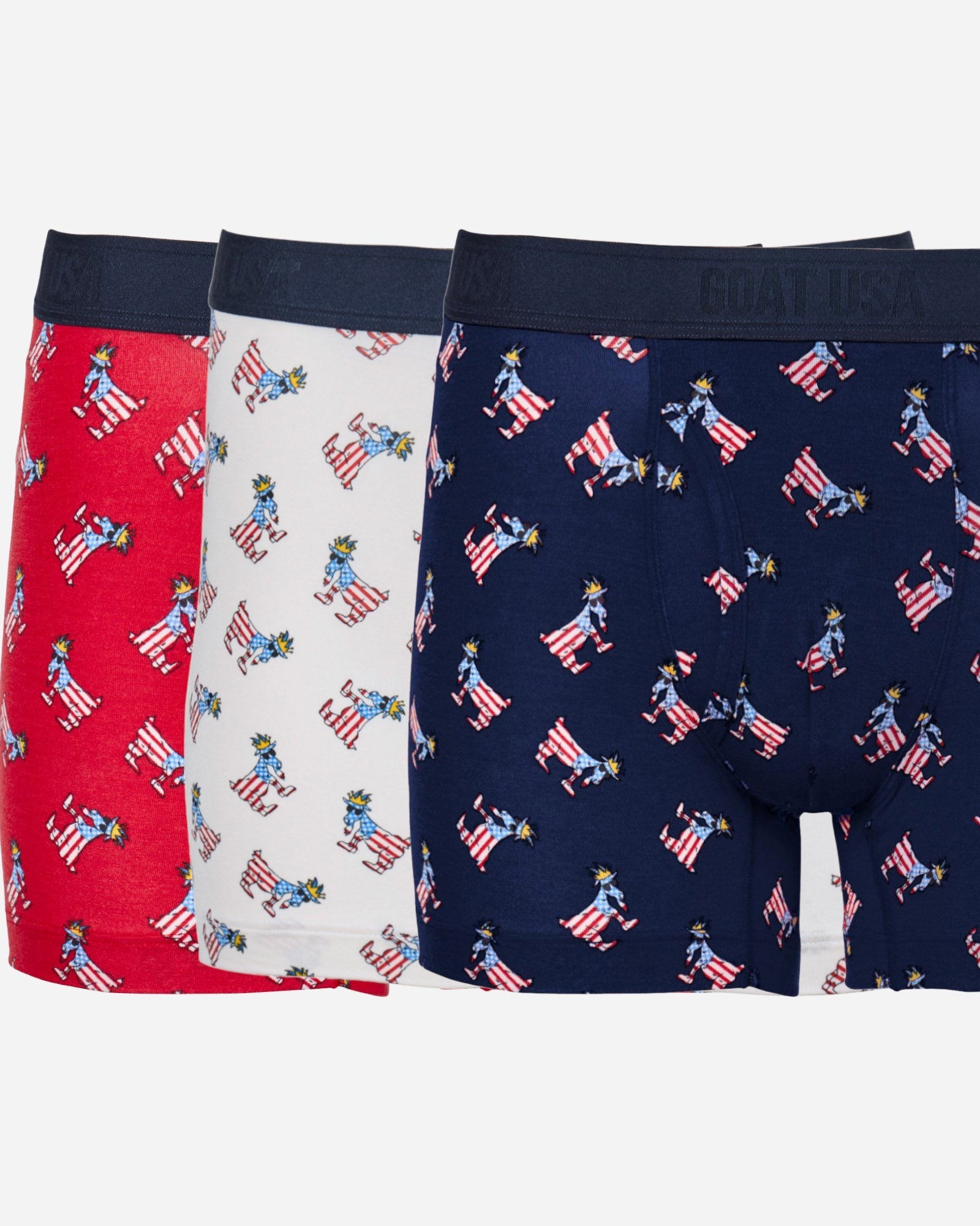 Three pairs of boxer briefs with American flag pattern on a light gray background