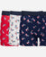 Three pairs of boxer briefs with American flag pattern on a light gray background