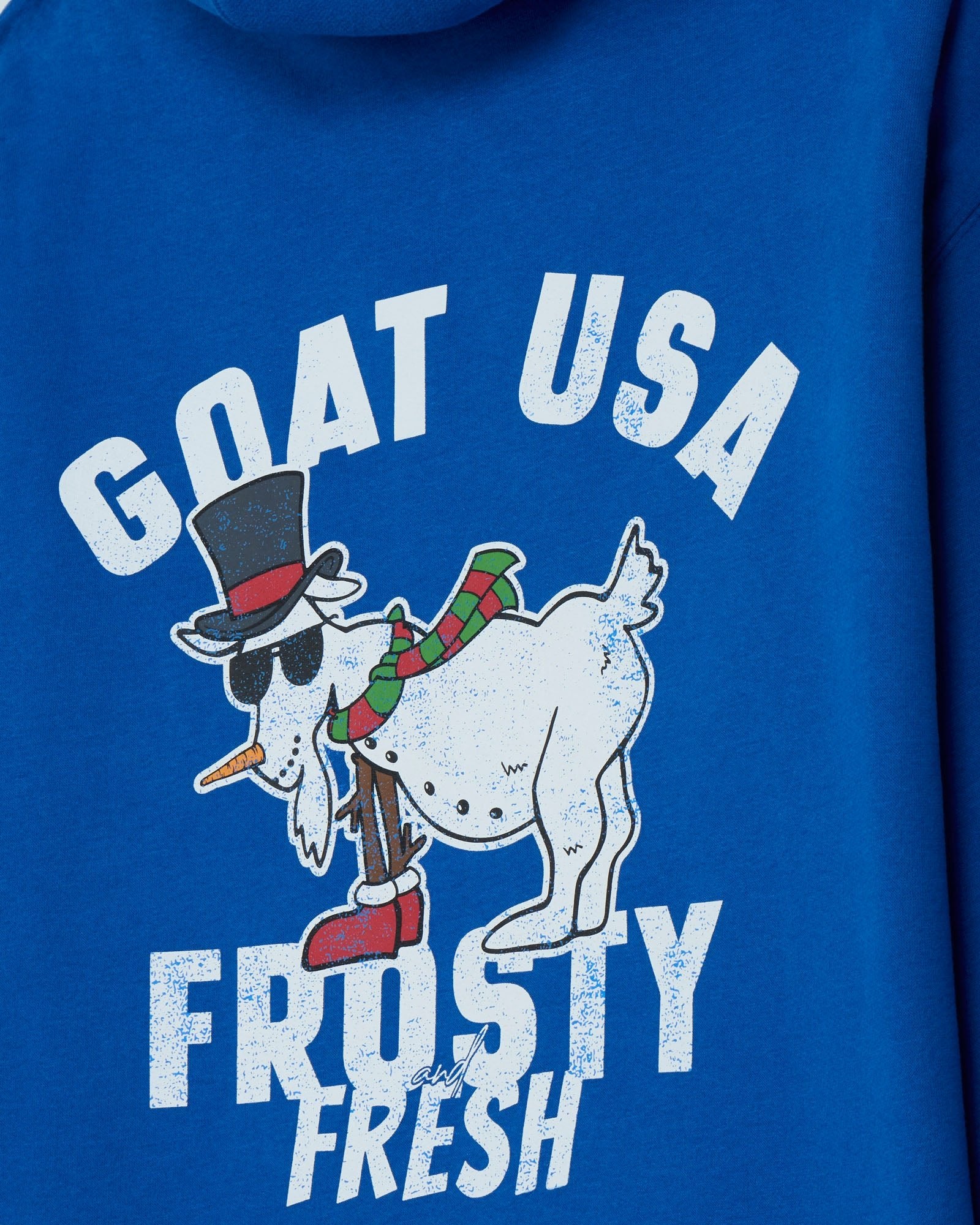 Blue hoodie with a graphic of a goat wearing sunglasses, a top hat, and scarf, with 'GOAT USA FROSTY FRESH' text.