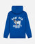 Blue hoodie with a graphic of a goat and text on the back against a white background