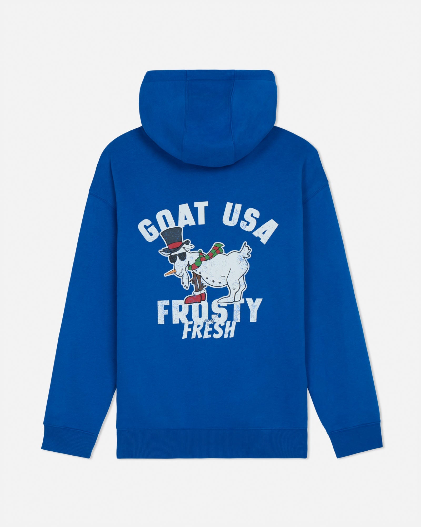 Blue hoodie with a graphic of a goat and text on the back against a white background