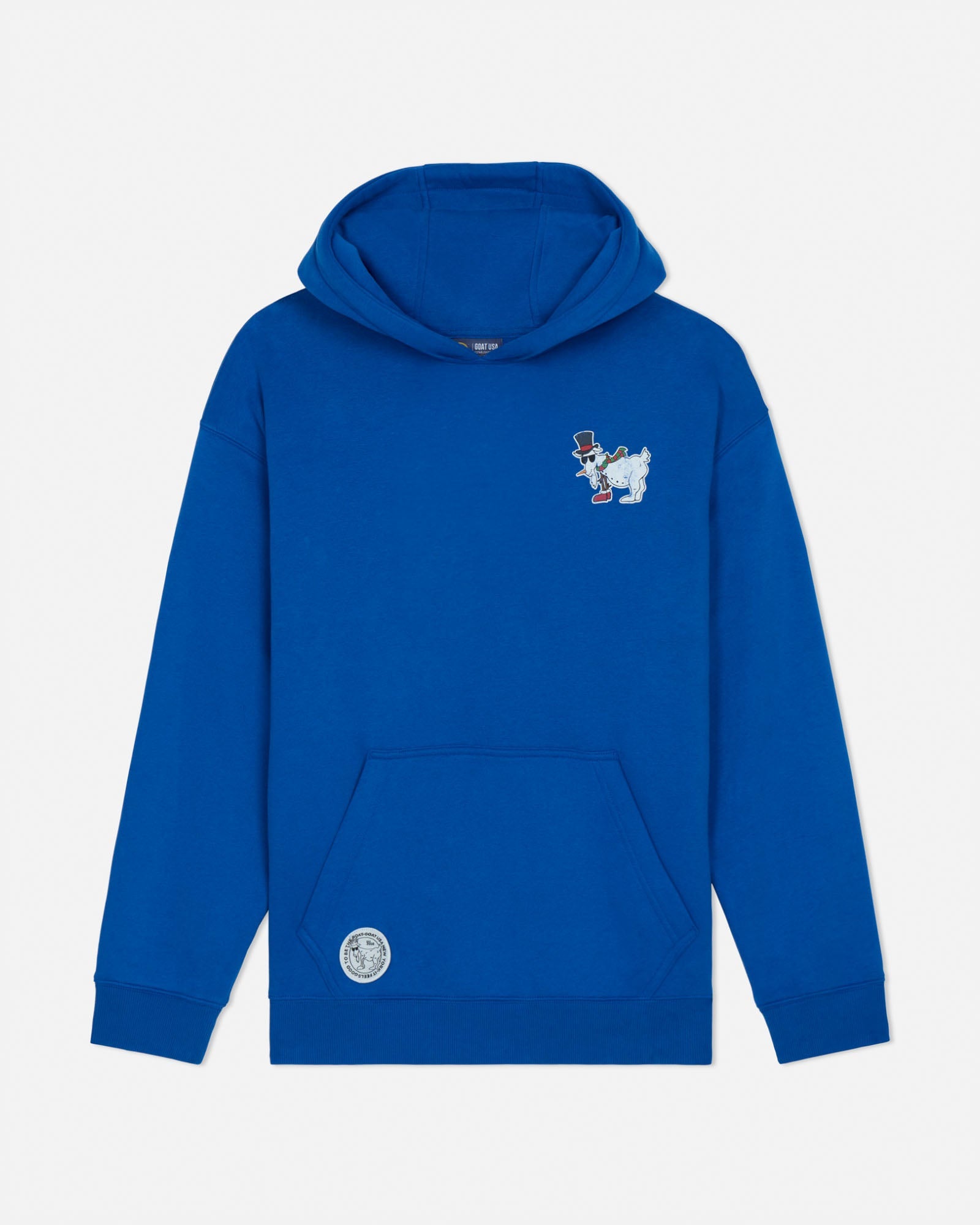 Blue hoodie with a small graphic on the chest against a light gray background