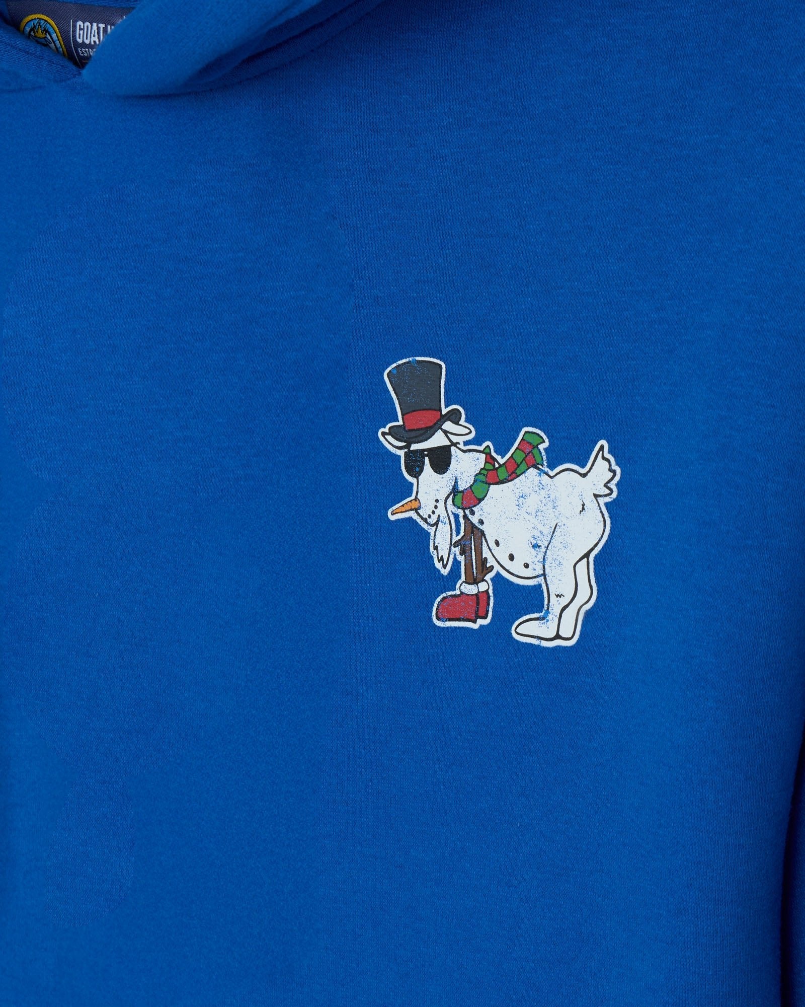 Blue hoodie with a cartoon snowman design on the chest
