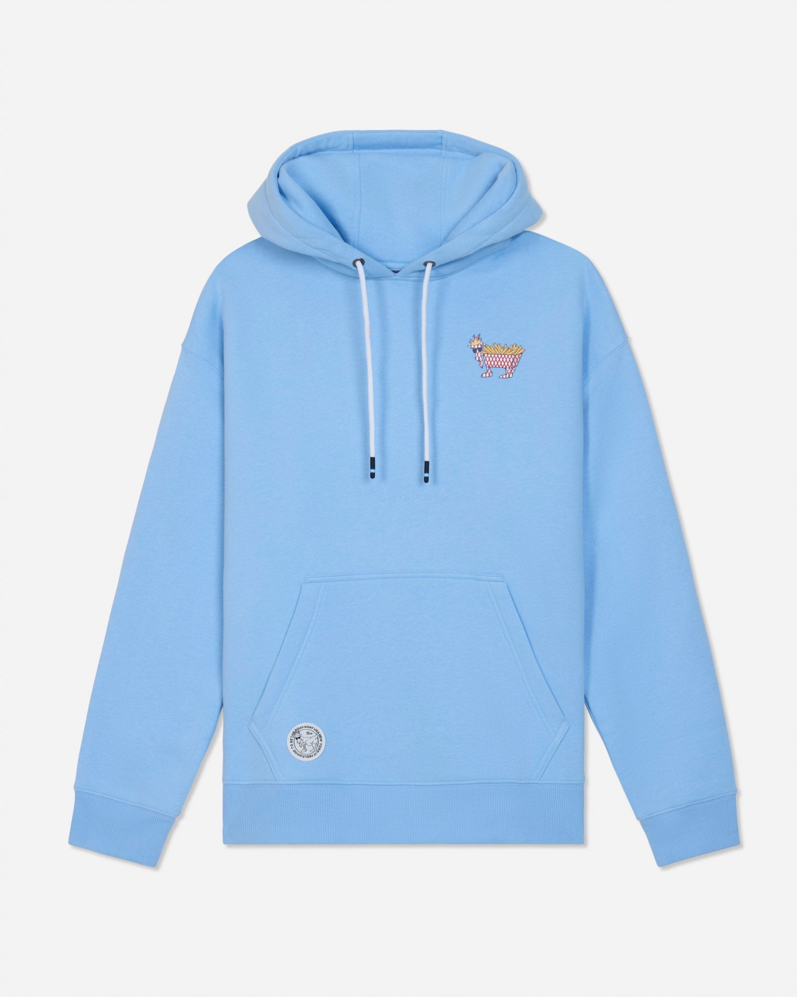 Front of light blue hoodie with a fry goat left-chest graphic