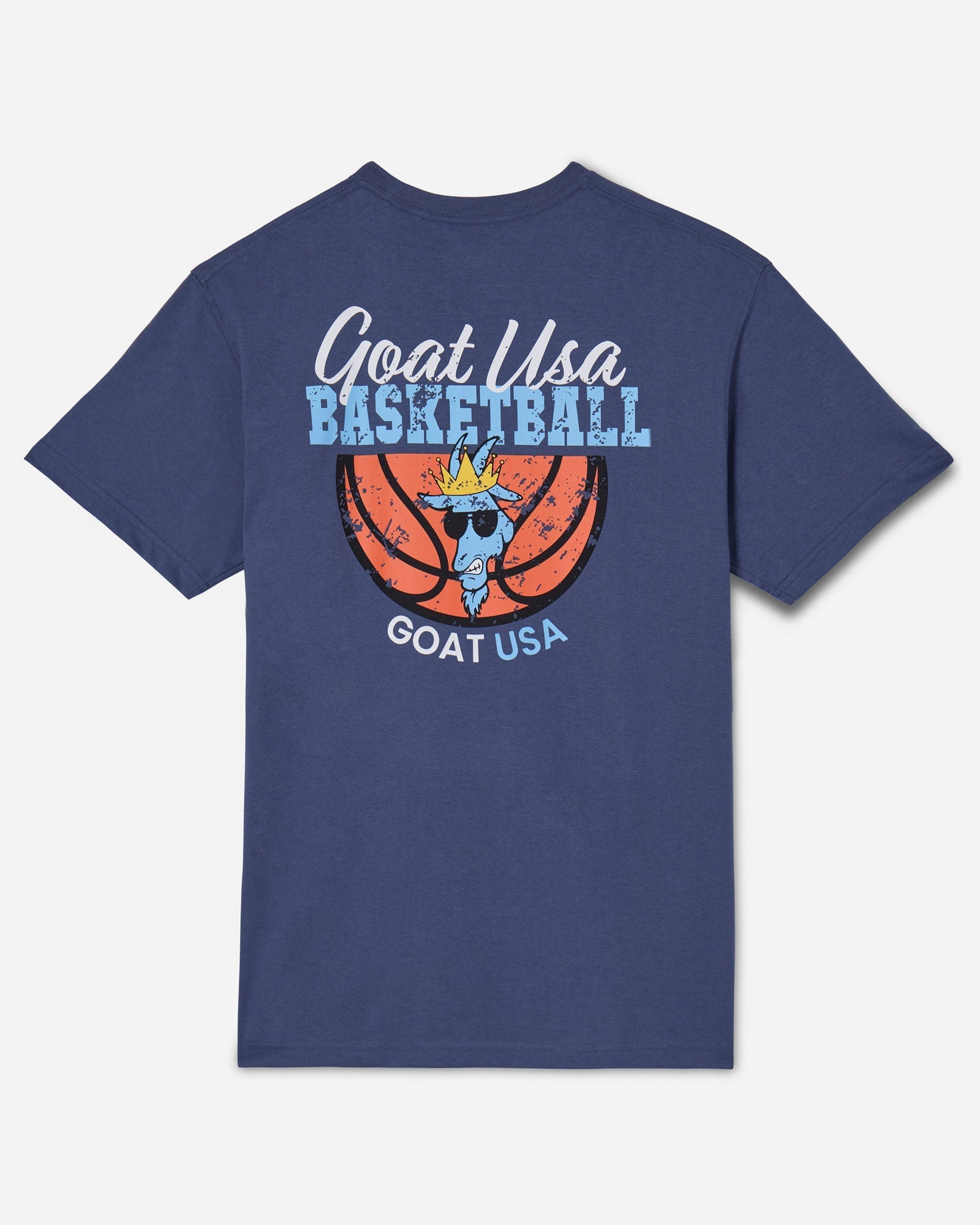 Back of navy t-shirt with basketball and goat-head logo design