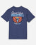 Back of navy t-shirt with basketball and goat-head logo design