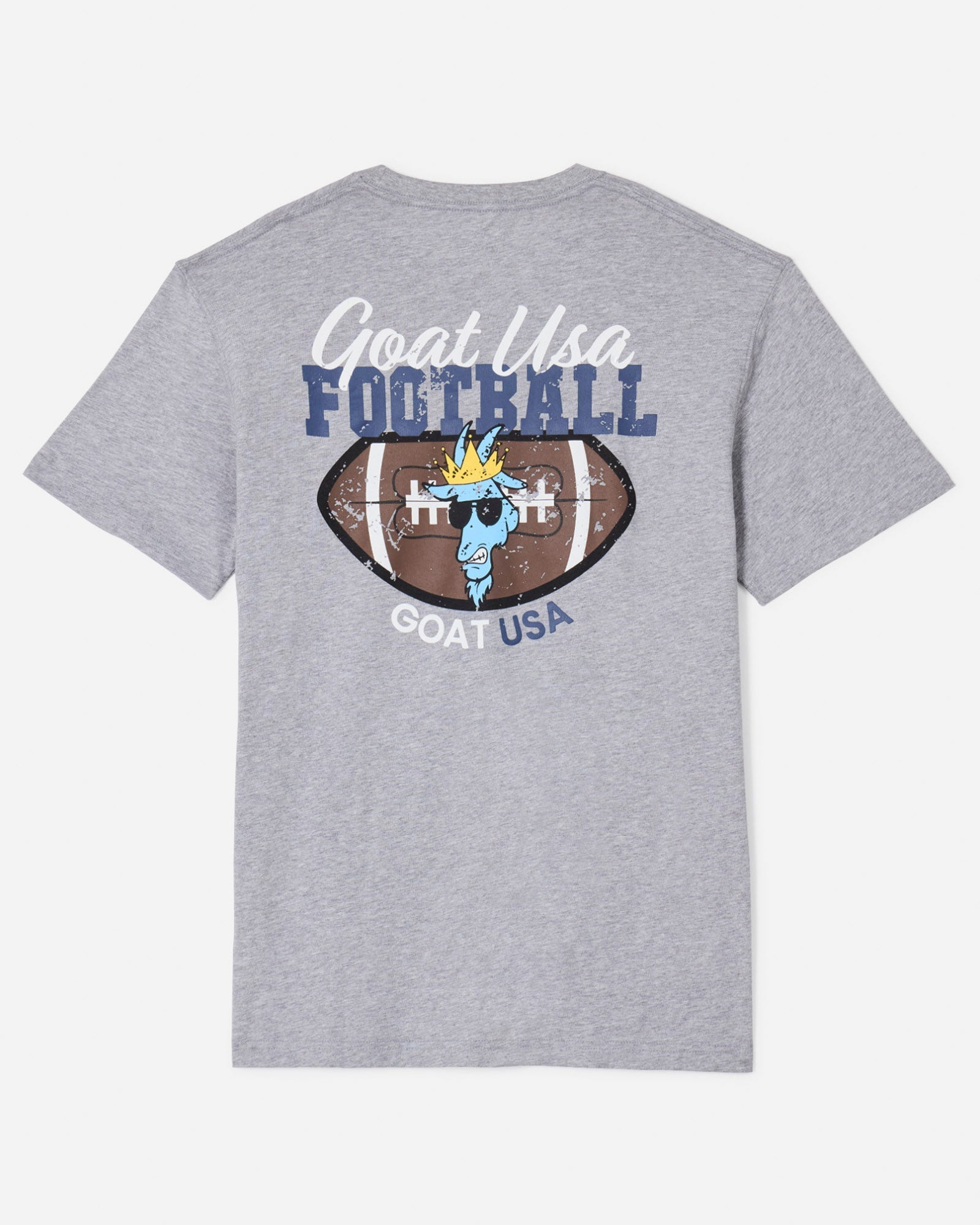 Back of gray t-shirt with football and goat-head graphic