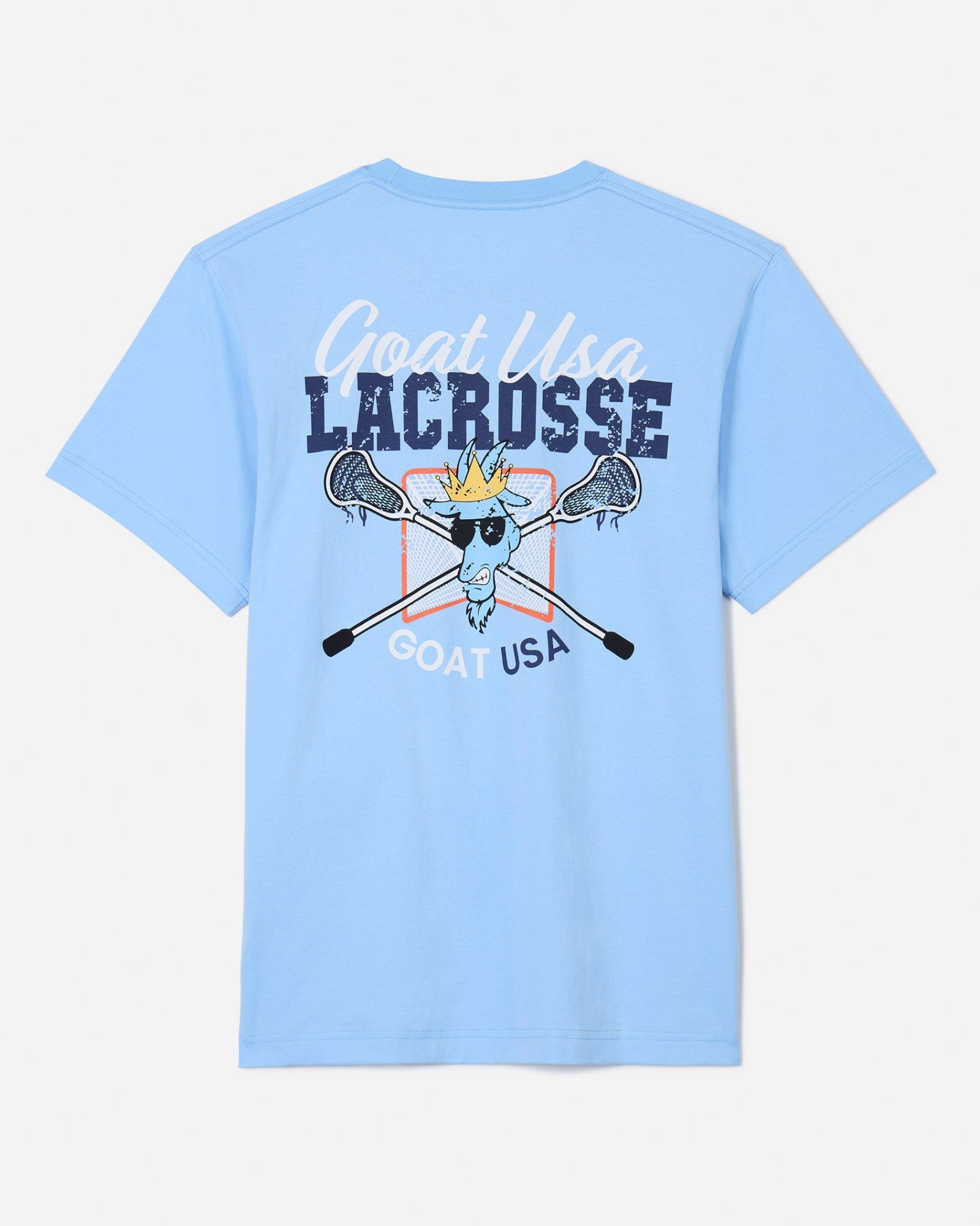 Back of blue t-shirt with snarling goat head and lacrosse design