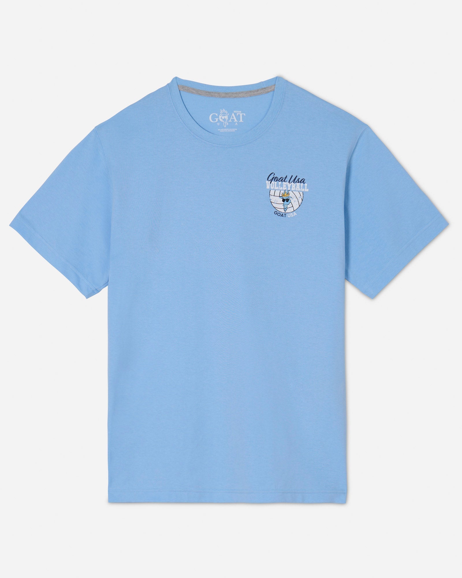 Front of carolina blue t-shirt with snarling goat and volleyball left-chest logo