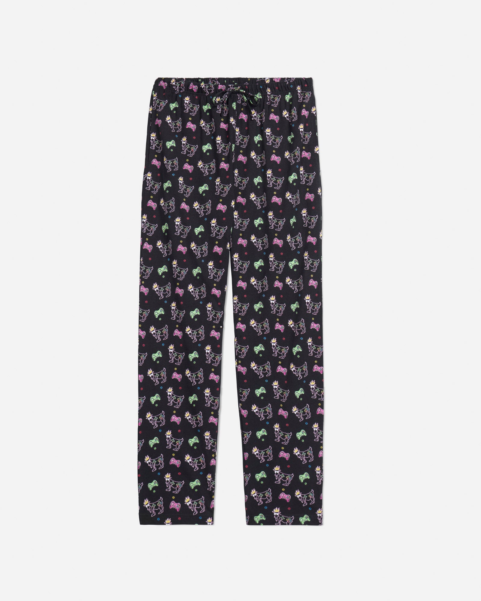 Front of black pajama pants with game controller and gamer goats pattern