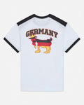 White t-shirt with black trim featuring a graphic of a goat with a German flag and 'GERMANY' text on a white background.