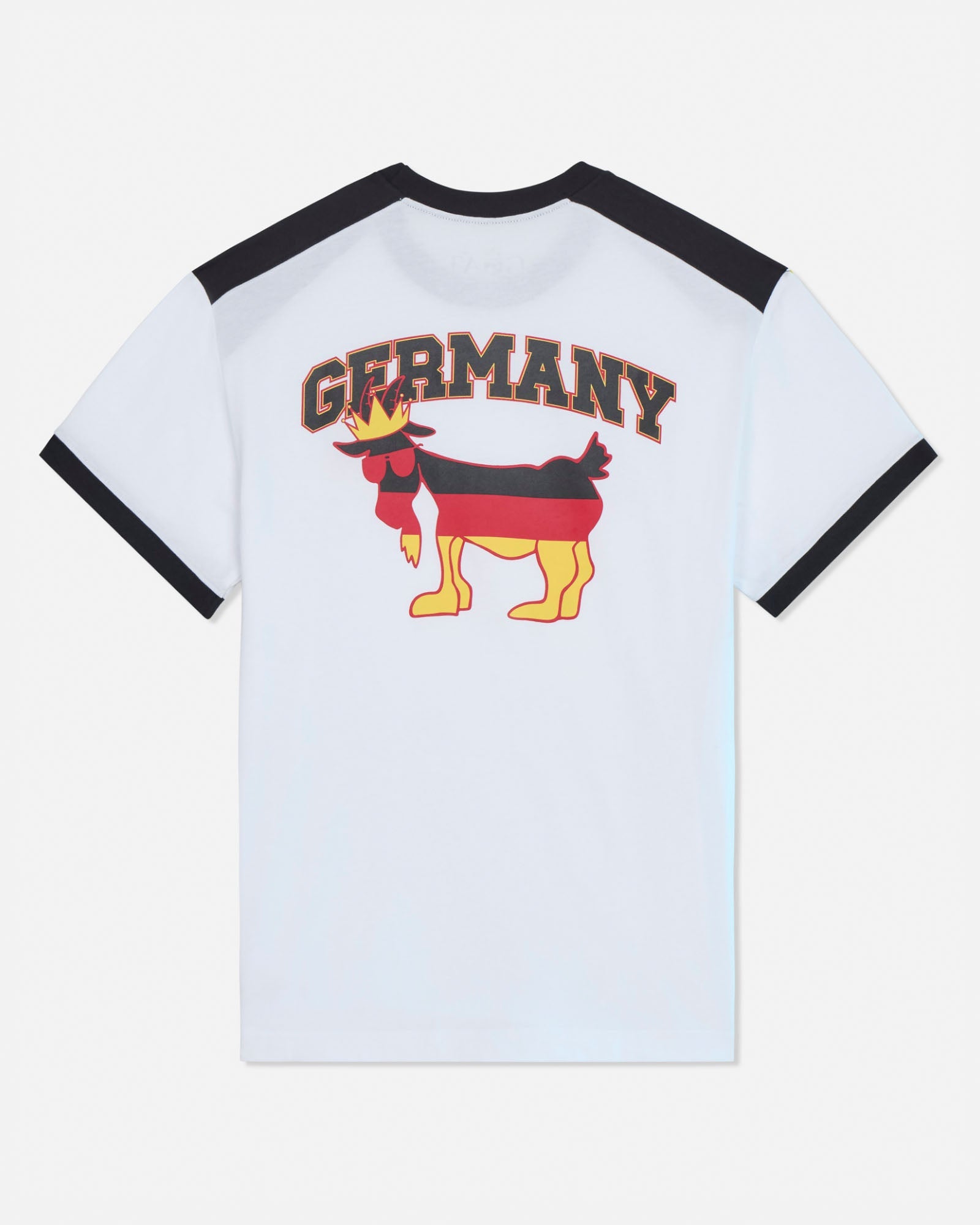 White t-shirt with black trim featuring a graphic of a goat with a German flag and 'GERMANY' text on a white background.