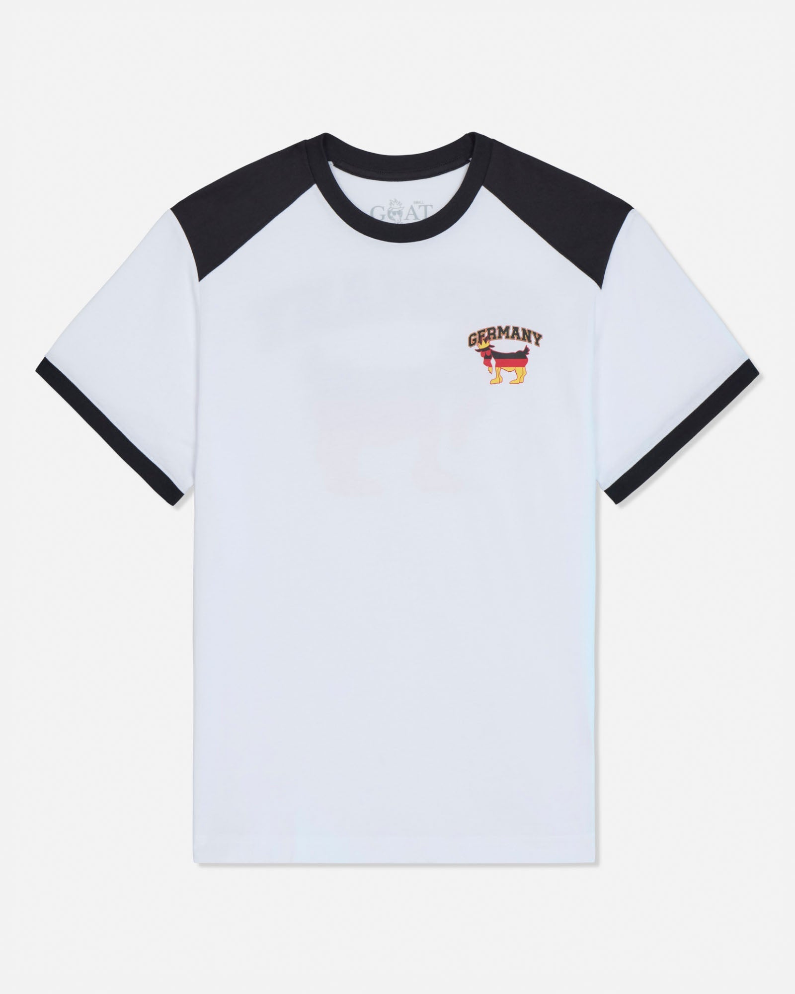 White t-shirt with black sleeves and a small logo on a white background