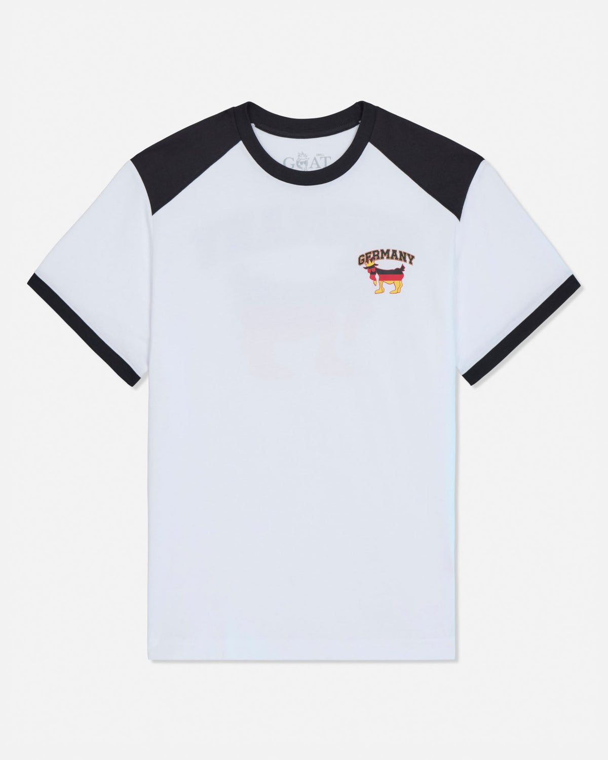 White t-shirt with black sleeves and a small logo on a white background
