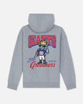 A heather gray hoodie shown from the back, featuring a large graphic print with the word 'GIANTS' in red and blue, a cartoon football player mascot, and the text 'Built on Greatness' and 'GOAT USA'.