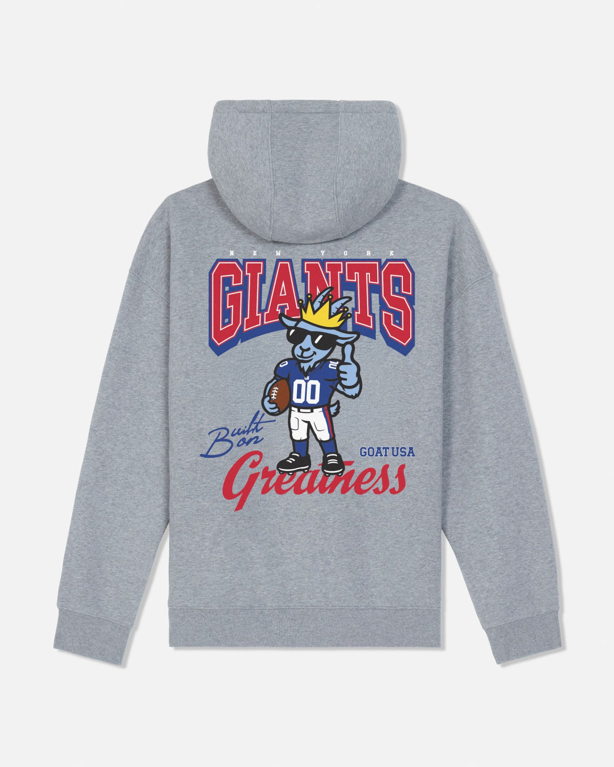 A heather gray hoodie shown from the back, featuring a large graphic print with the word 'GIANTS' in red and blue, a cartoon football player mascot, and the text 'Built on Greatness' and 'GOAT USA'.