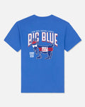 A royal blue short-sleeve t-shirt shown from the back, featuring a large graphic print of the New York Giants 'Big Blue' logo with a stylized goat and 'GOAT USA' text, on a light gray background.
