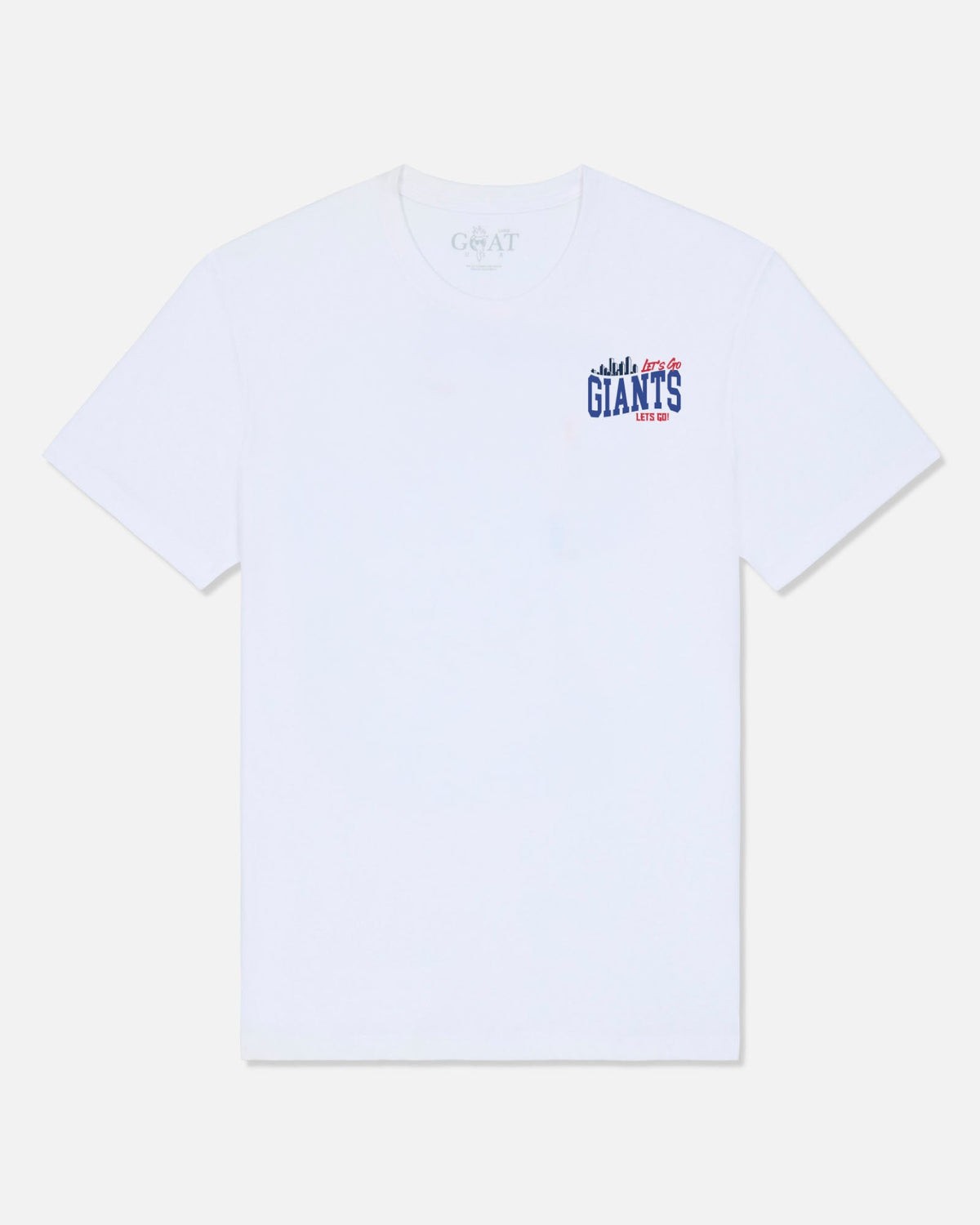 A white short-sleeve crewneck t-shirt by GOAT USA, featuring a small 'New York Giants' graphic printed on the left chest in blue, red, and white.