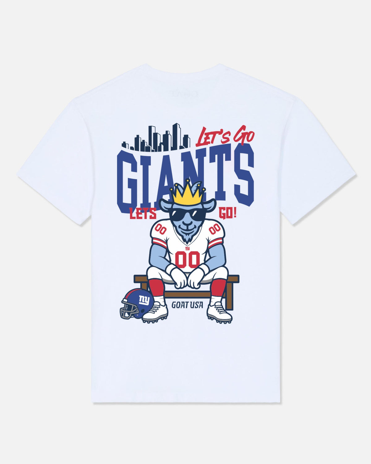 White short-sleeve crewneck t-shirt featuring a New York Giants themed graphic on the front. The graphic includes a blue goat mascot wearing a gold crown and sunglasses, seated on a bench with a football helmet, under the text 'Let's Go GIANTS' and 'LET'S GO!'.