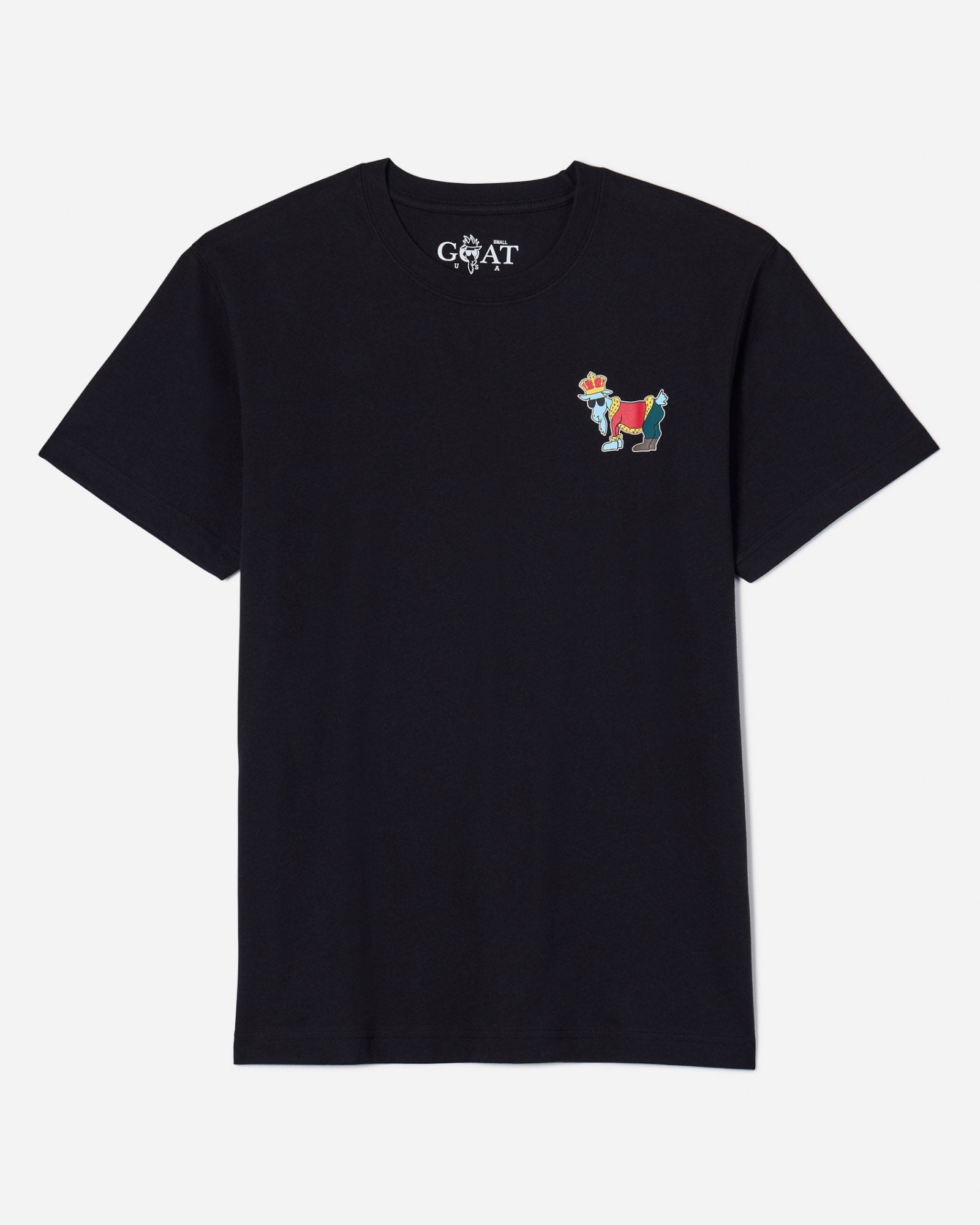 Front of black t-shirt with Chuck the GOAT king left-chest logo