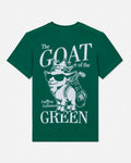 Green t-shirt with white graphic and text on a white background