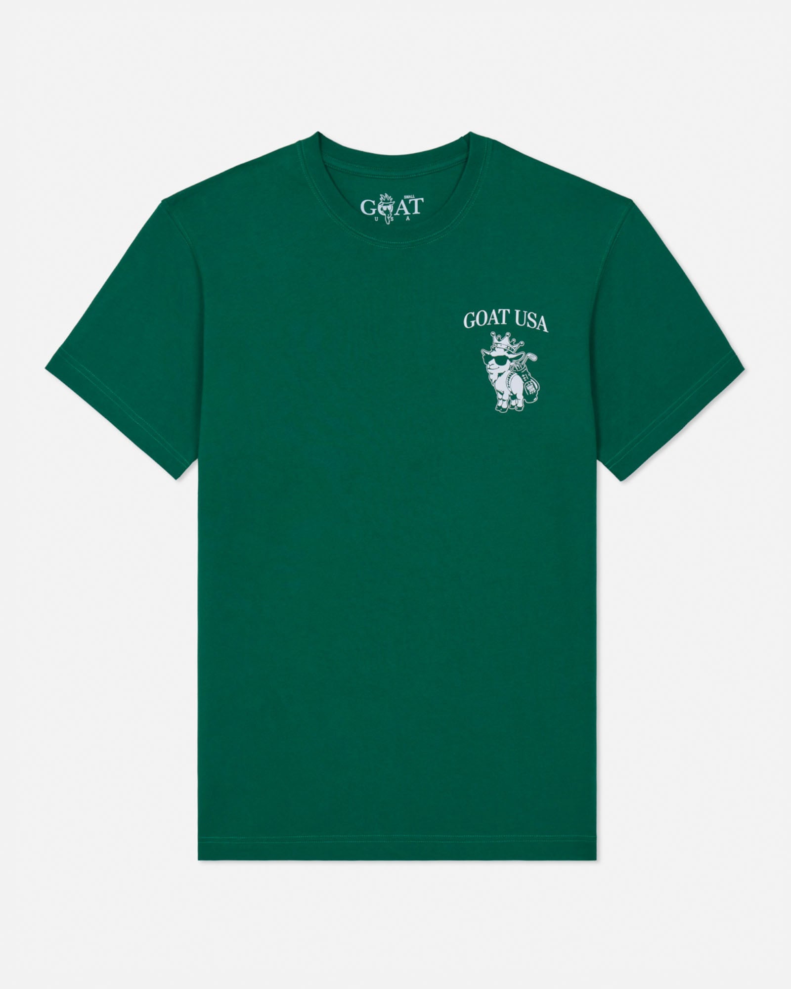 Green t-shirt with 'GOAT USA' logo on a white background