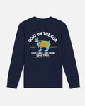 A navy blue long-sleeve crewneck sweatshirt with a colorful graphic on the front. The graphic features a cartoon goat wearing a green and yellow hat, with white text reading 'GOAT ON THE COB' above it and 'COLD CIDER - HOT CORN GOOD TIMES' below it.