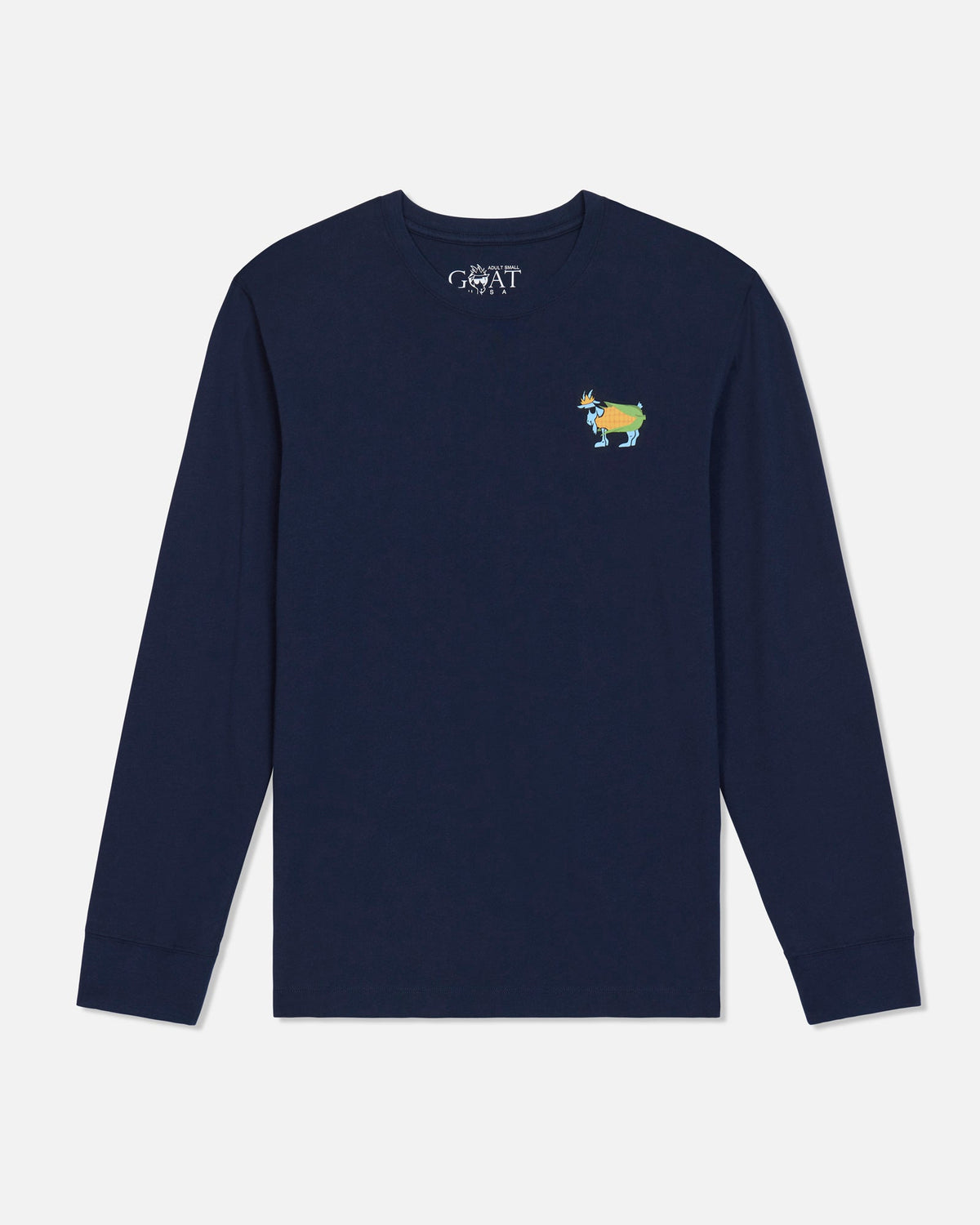 A navy blue long-sleeve crewneck shirt for toddlers, featuring a small colorful goat graphic on the left chest, displayed against a clean white background.