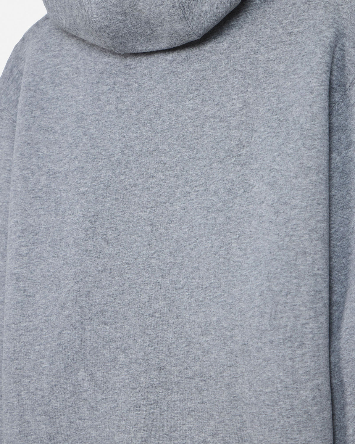 Close-up of a heather gray hooded sweatshirt showing the back of the neck, hood edge, and shoulder area.