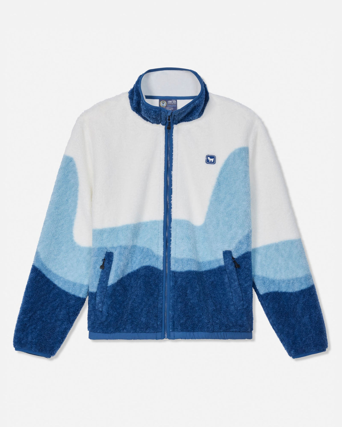 A fleece zip-up jacket with a color-blocked wavy pattern in white, light blue, and dark blue, featuring a stand-up collar, front zipper, and zippered hand pockets.