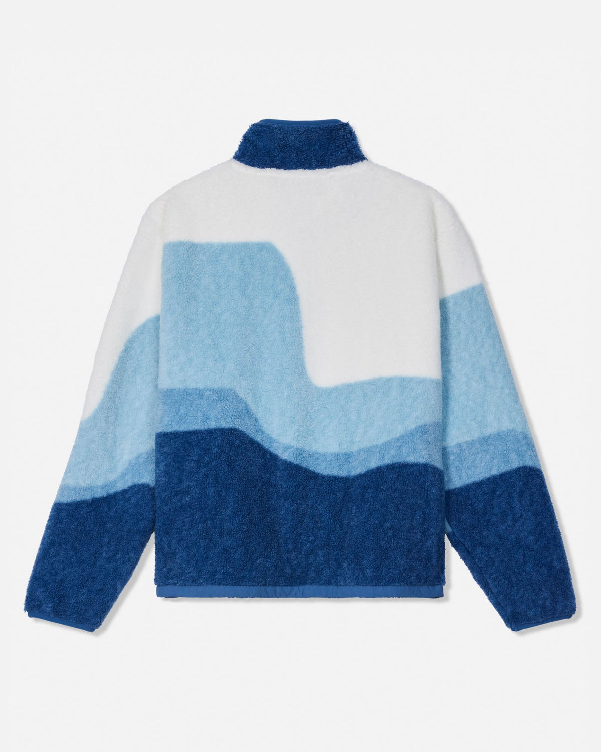 A textured sherpa fleece half-zip sweater shown from the back, featuring a color-blocked design with wavy horizontal bands of dark blue, light blue, and white.