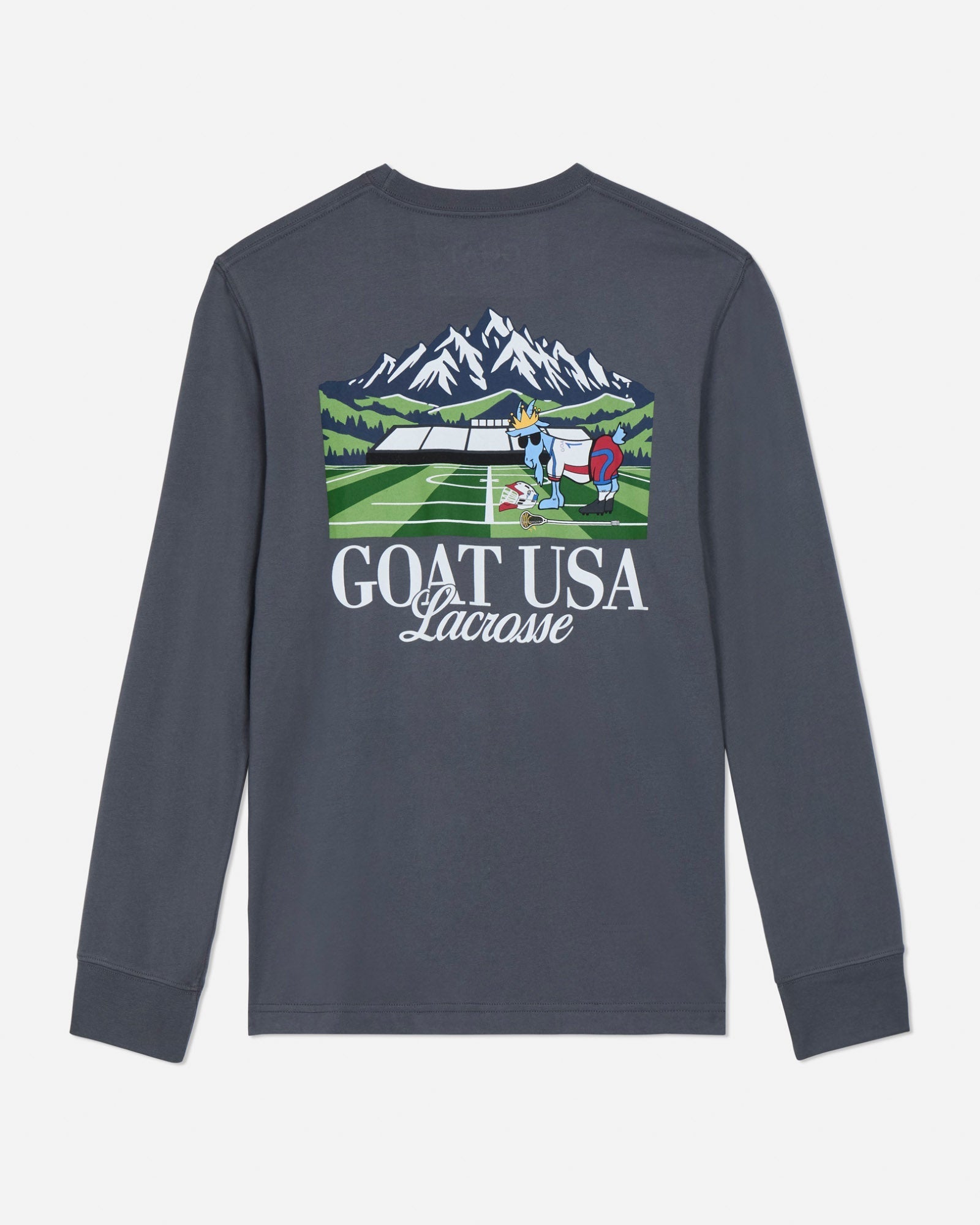 Gray long-sleeve shirt with lacrosse graphic and 'GOAT USA Lacrosse' text on a light gray background