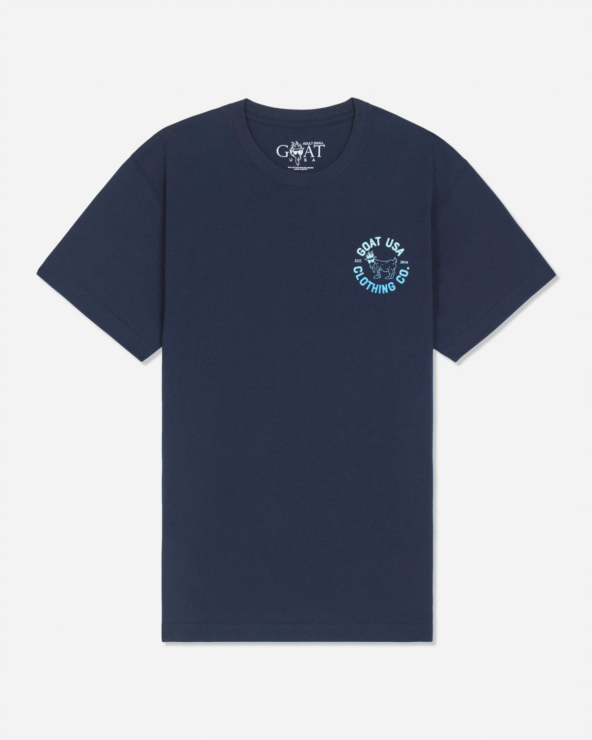 Front of navy t-shirt with ombre left-chest graphic