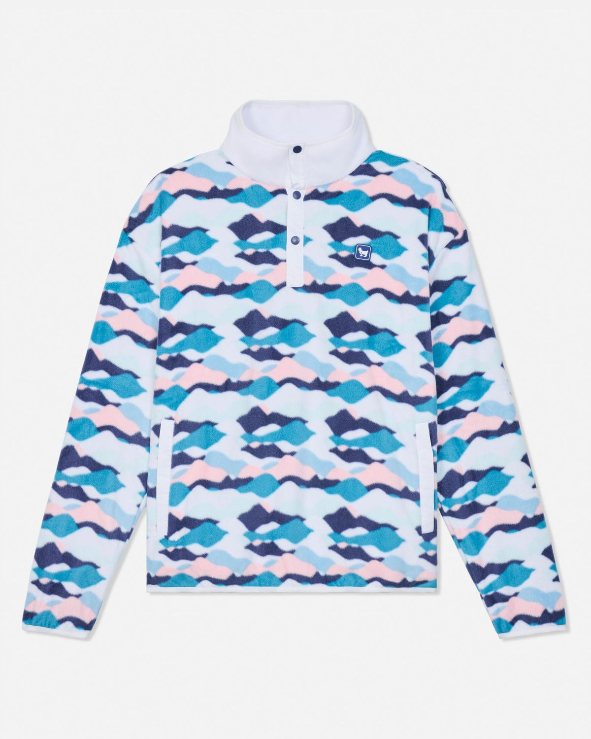 A long-sleeve quarter-snap pullover jacket featuring a wavy, abstract camouflage pattern in shades of blue, teal, pink, and navy on a white base, with a white stand-up collar and a small embroidered logo on the left chest.