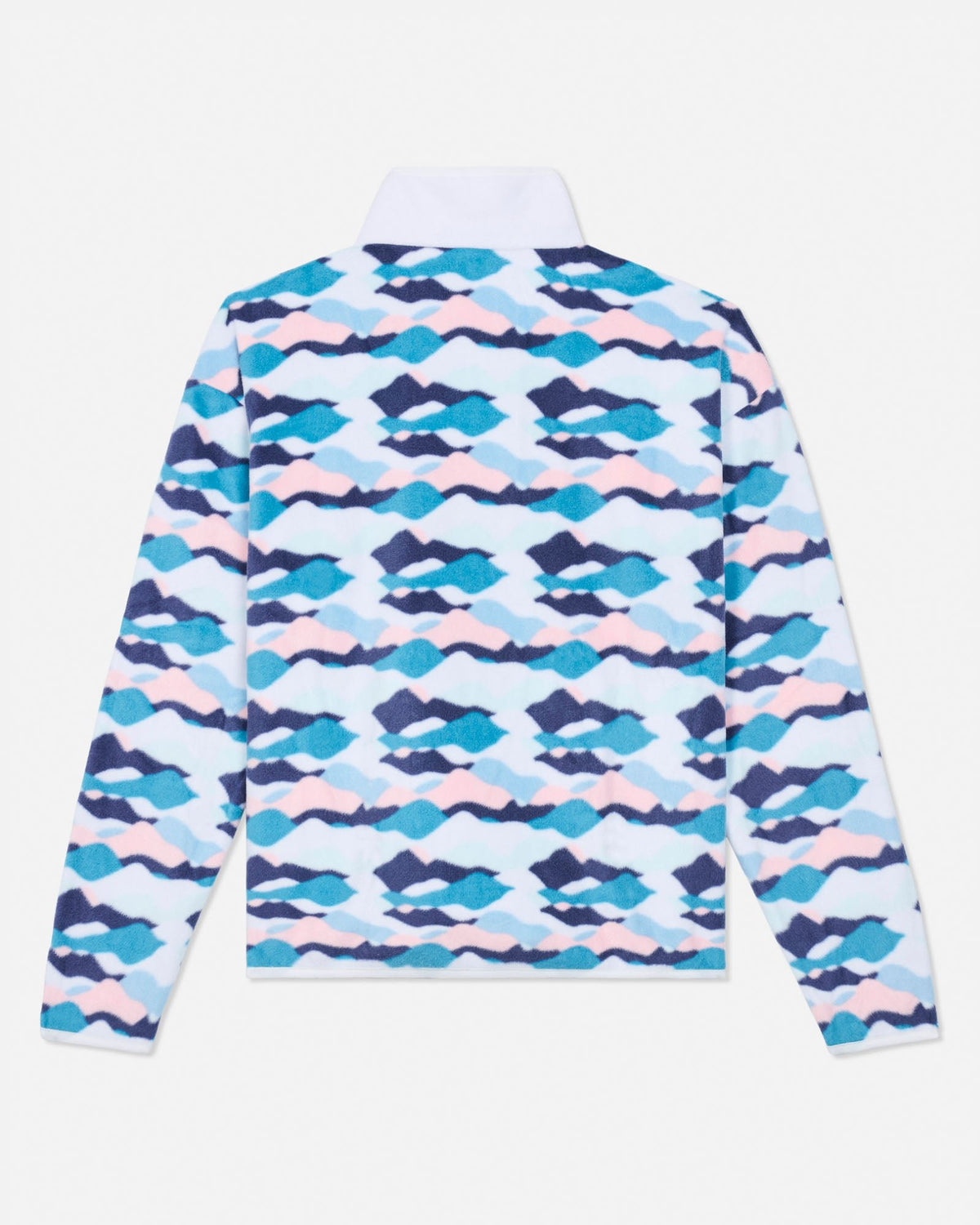 A long-sleeve quarter-snap pullover jacket shown from the back, featuring an all-over abstract wavy stripe pattern in navy, teal, and light pink on a white base.