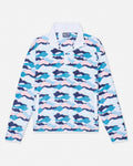A long-sleeve collared pullover jacket featuring an all-over abstract wavy camouflage pattern in navy blue, light blue, and pink on a white base, with a white collar and a small embroidered logo on the left chest.