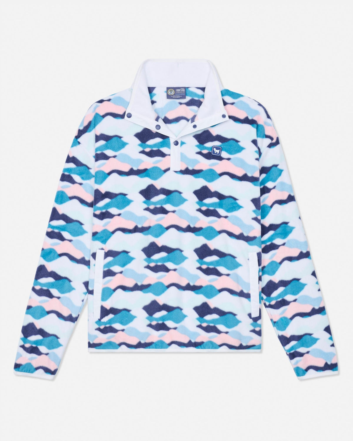 A long-sleeve collared pullover jacket featuring an all-over abstract wavy camouflage pattern in navy blue, light blue, and pink on a white base, with a white collar and a small embroidered logo on the left chest.