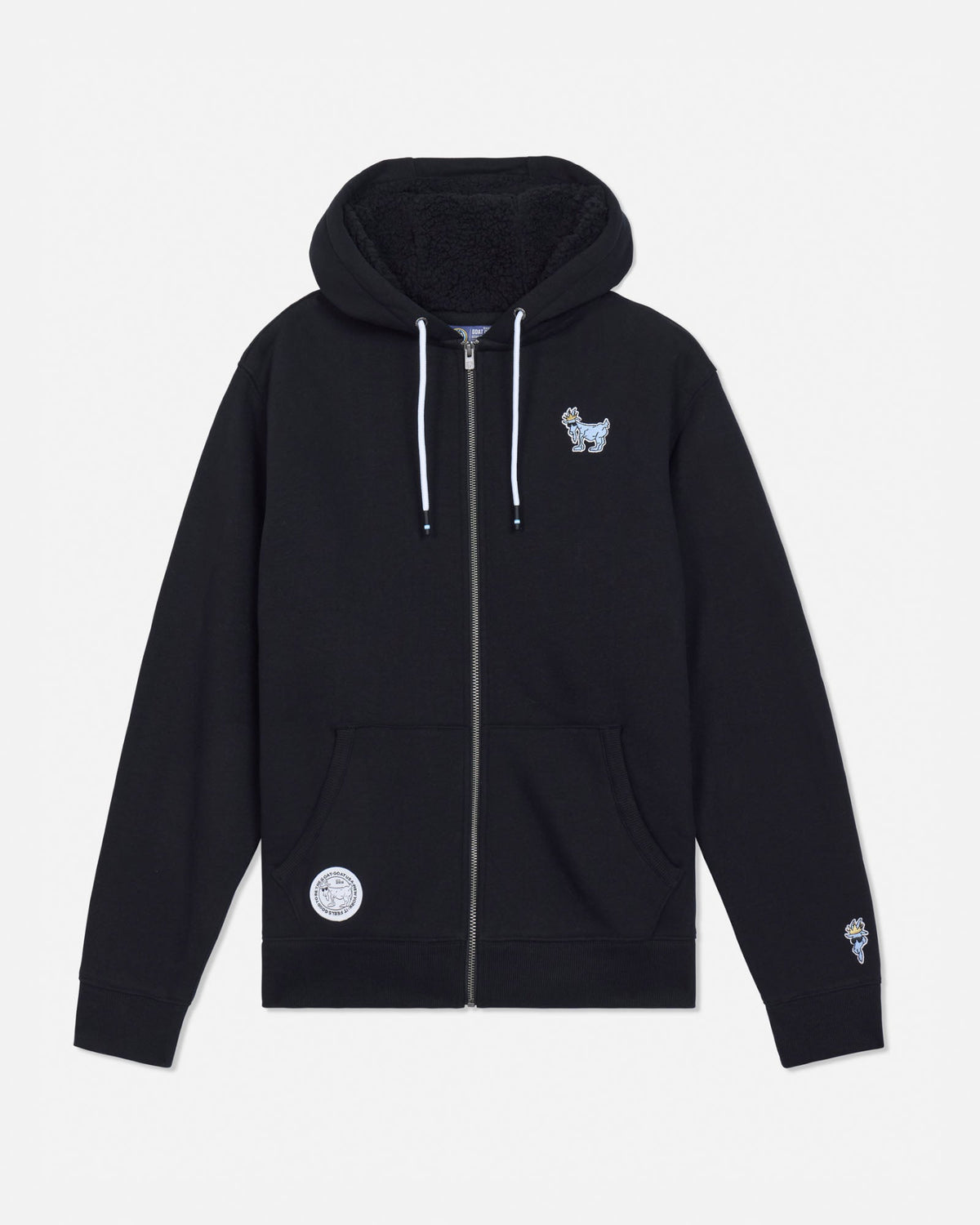 A black zip-up hoodie with a black fleece-lined hood, white drawstrings, a front zipper, and small embroidered dog graphics on the chest and sleeve, displayed on a light gray background.#color_black