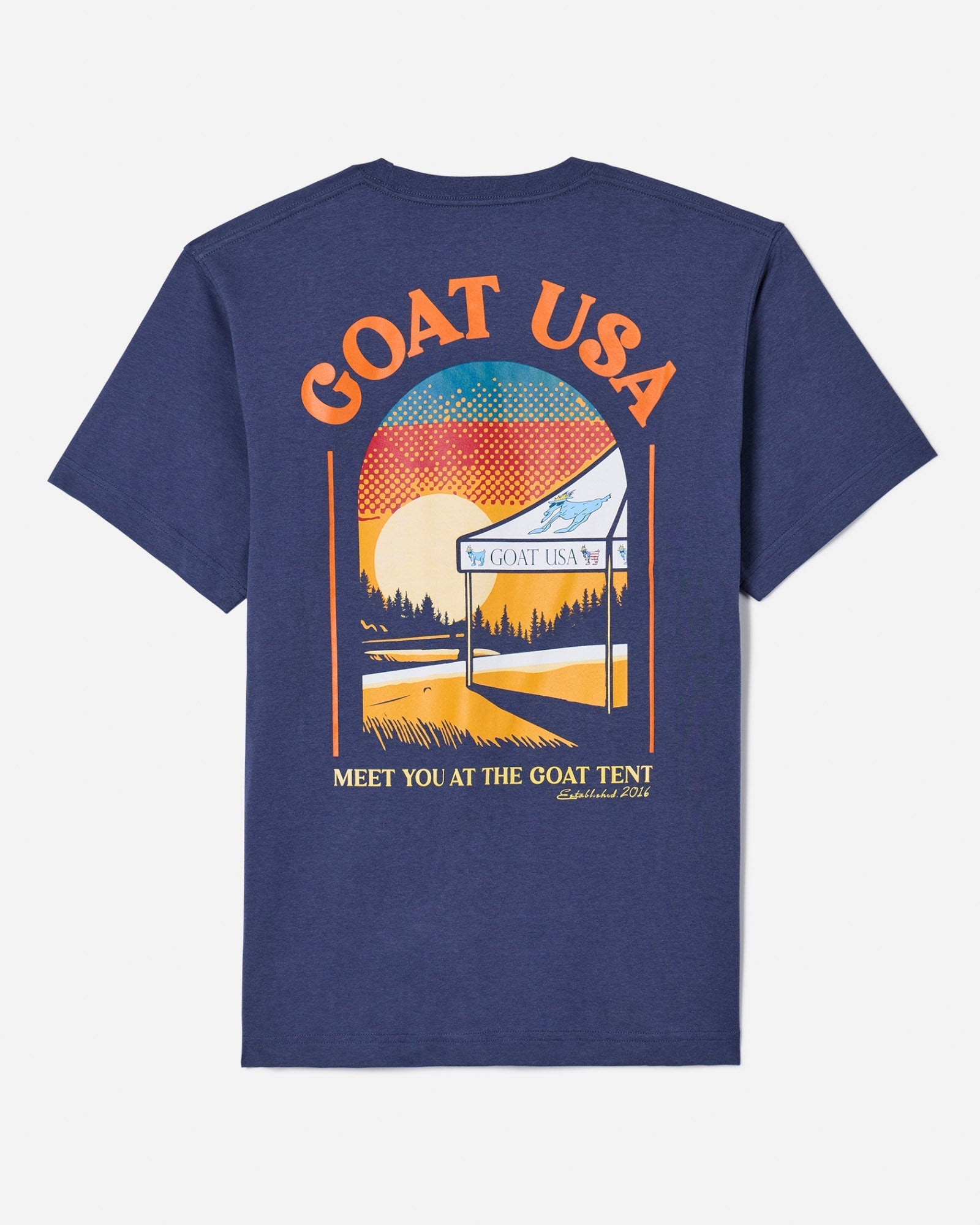 Back of navy t-shirt with GOAT USA signature tent graphic