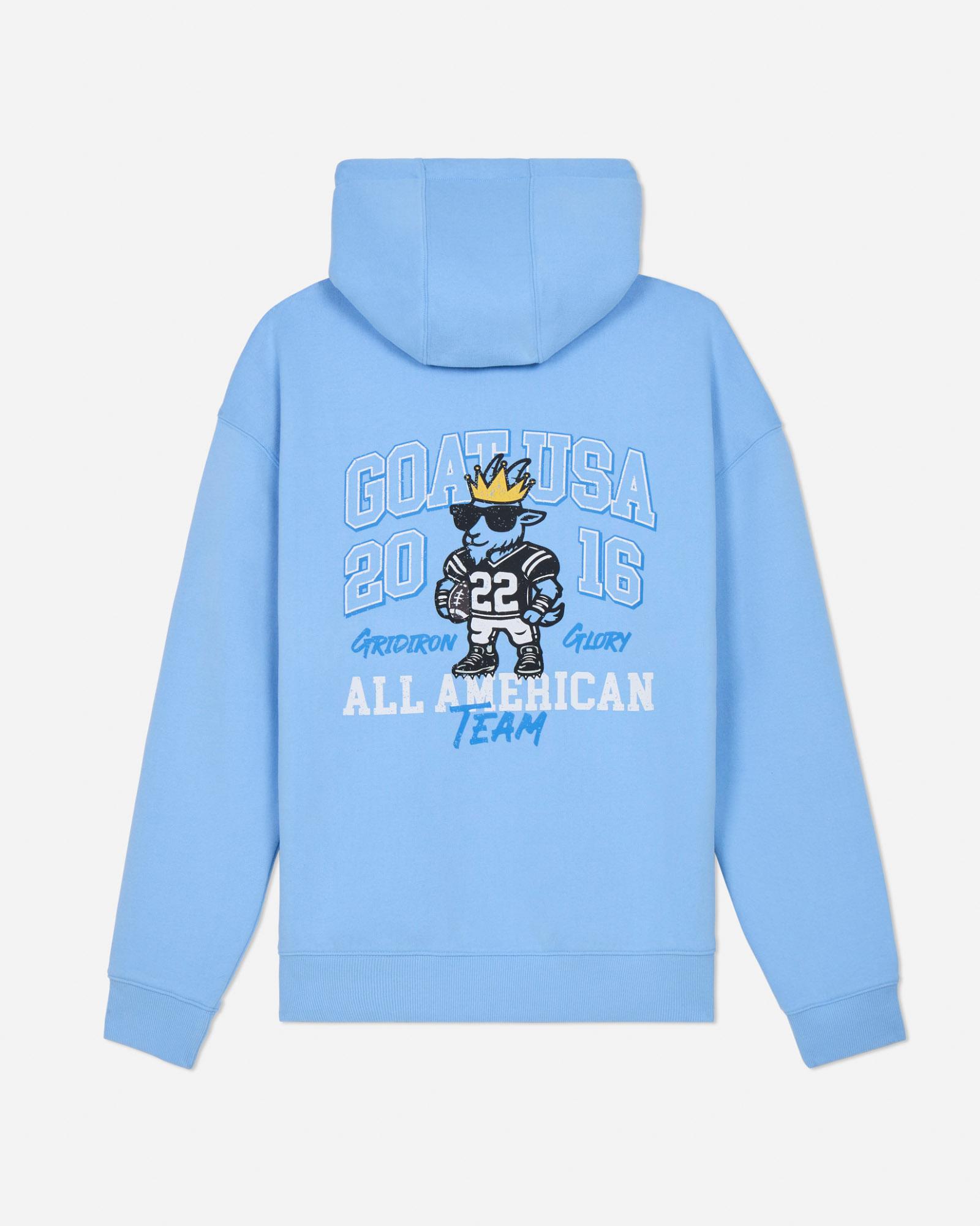 Light blue hoodie with graphic design on the back against a light gray background